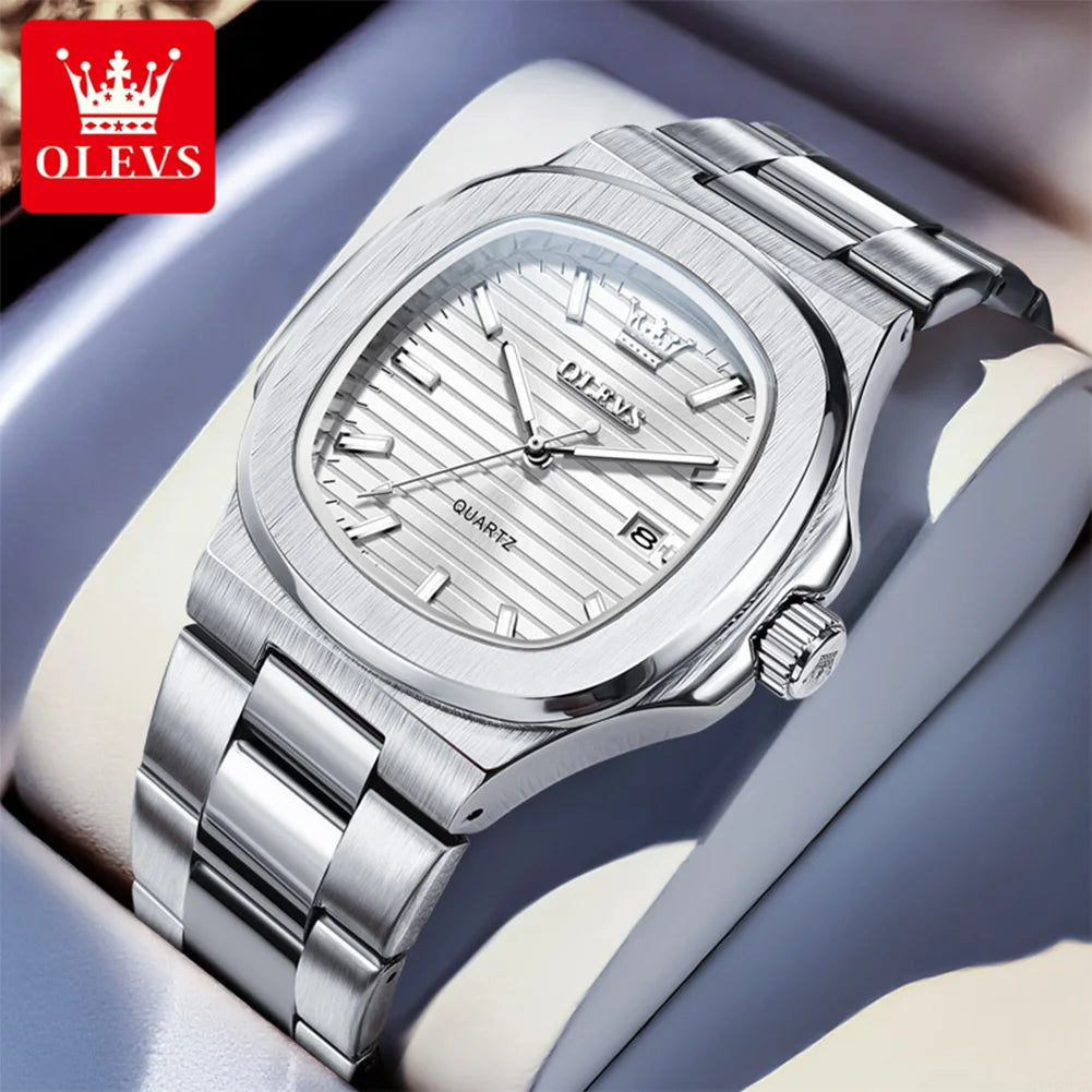 OLEVS Fashion Square Men Watches Business Stainless Steel Rose Gold Quartz Watch Calendar Date Male Casual Sports Luminous Clock
