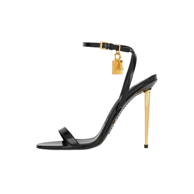 2025 New Sexy Gold Padlock High Heels One Word Buckle Open Toe Thin Heels Leather Shoes Ankle Strap Gladiator Sandal 44
