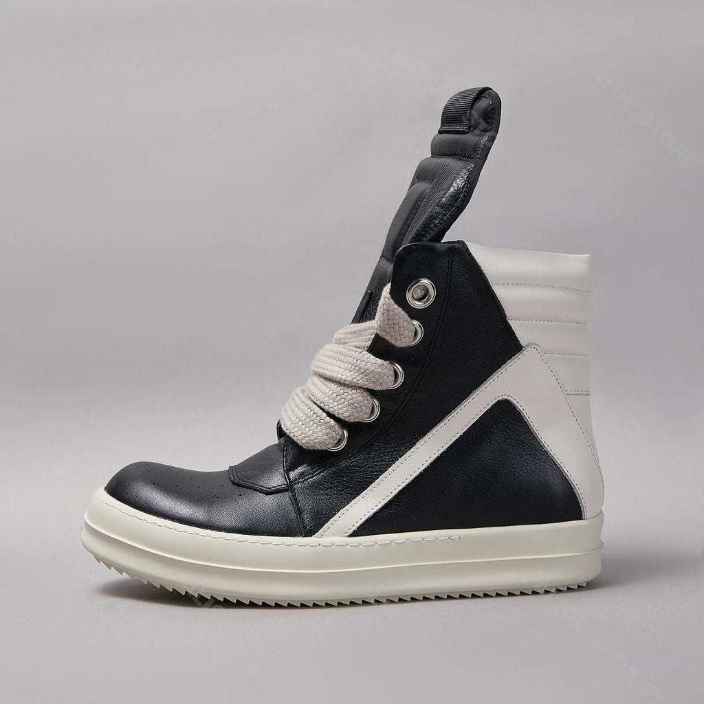 Brand Classic Casual Men Shoe High Top Women Sneaker Jumbo Laces Ankle Boot Geobasket Punk Black Leather Zip Flat Luxury Shoe