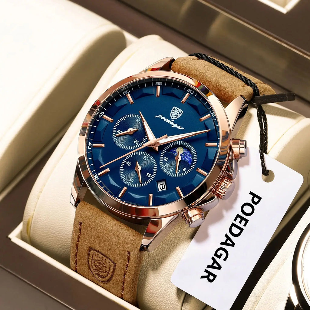 POEDAGAR Luxury Business Man Watch Waterproof Chronograph Luminous Date Male Wristwatch Leather Fashion Men's Quartz Watches+Box