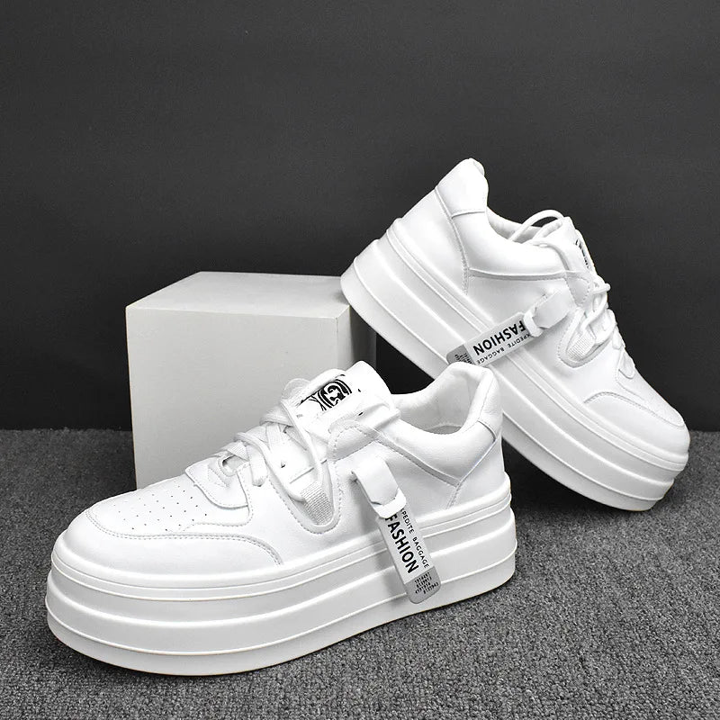 Sneakers Casual Men Air Cushion White Shoes Fashion Microfiber Leather Breathable Increased Internal Flat Platform Board Shoes