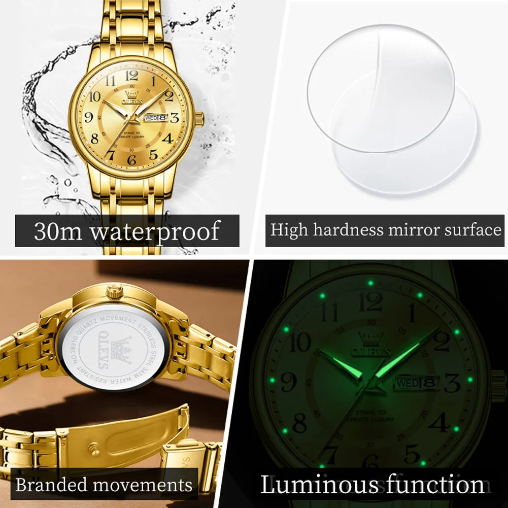 OLEVS 2891 Women's Quartz Wristwatches Stainless Steel Strap Waterproof Luminous Date Week Original Ladies Business Watches