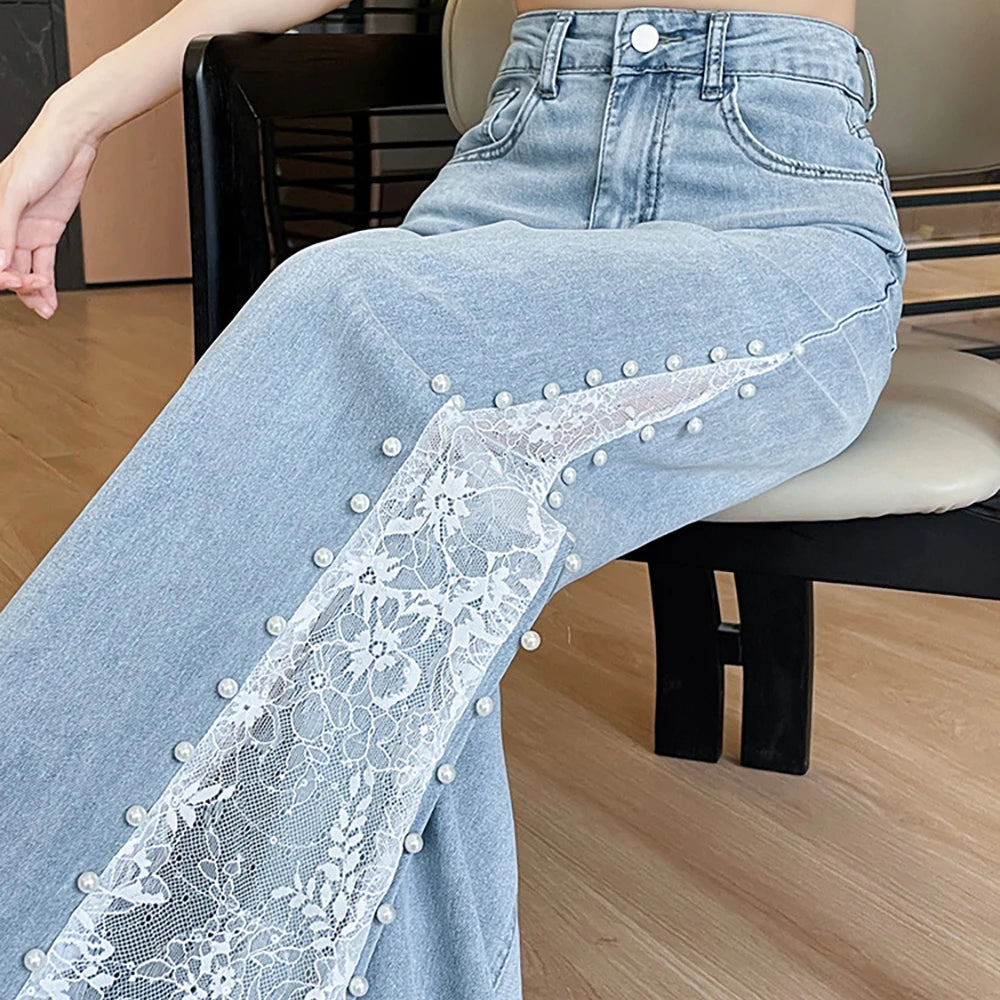 Lace Patchwork Wide Leg Jeans for Women Fashion High Waist Beadings Design Denim Pants 2025 New Straight Loose Ice Silk Trousers