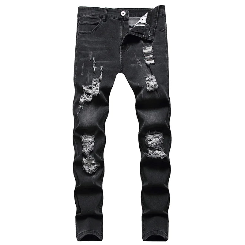 Men Fashion Street Style Ripped Skinny Jeans Men Vintage Wash Solid Denim Trouser Mens Casual Slim Fit Pencil Denim Pants 4XL