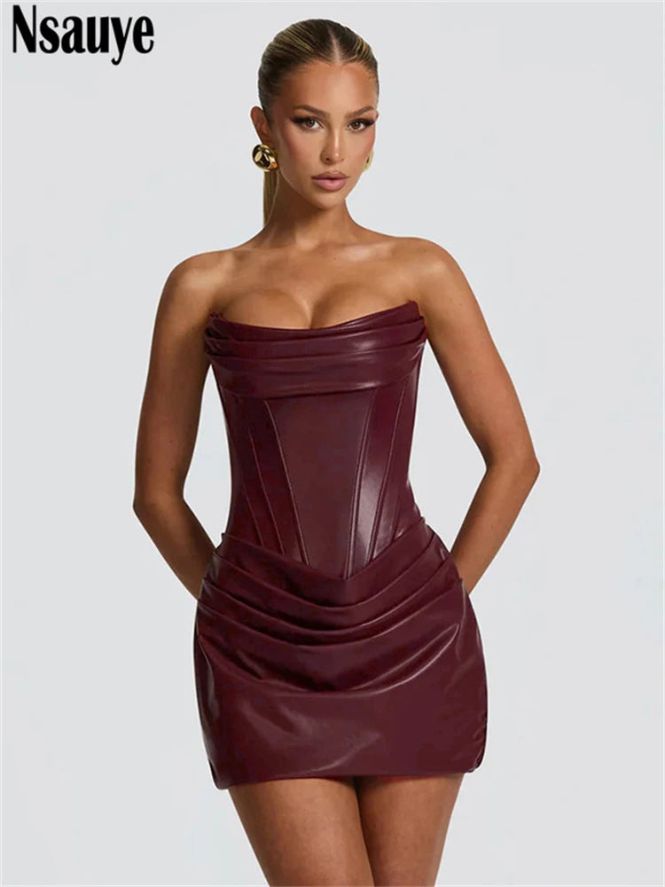 Nsauye Sexy Women Strapless Night Club PU Leather Mini Corset Dress Evening Party Fashion Elegant Short Wrap Dress Winter 2025