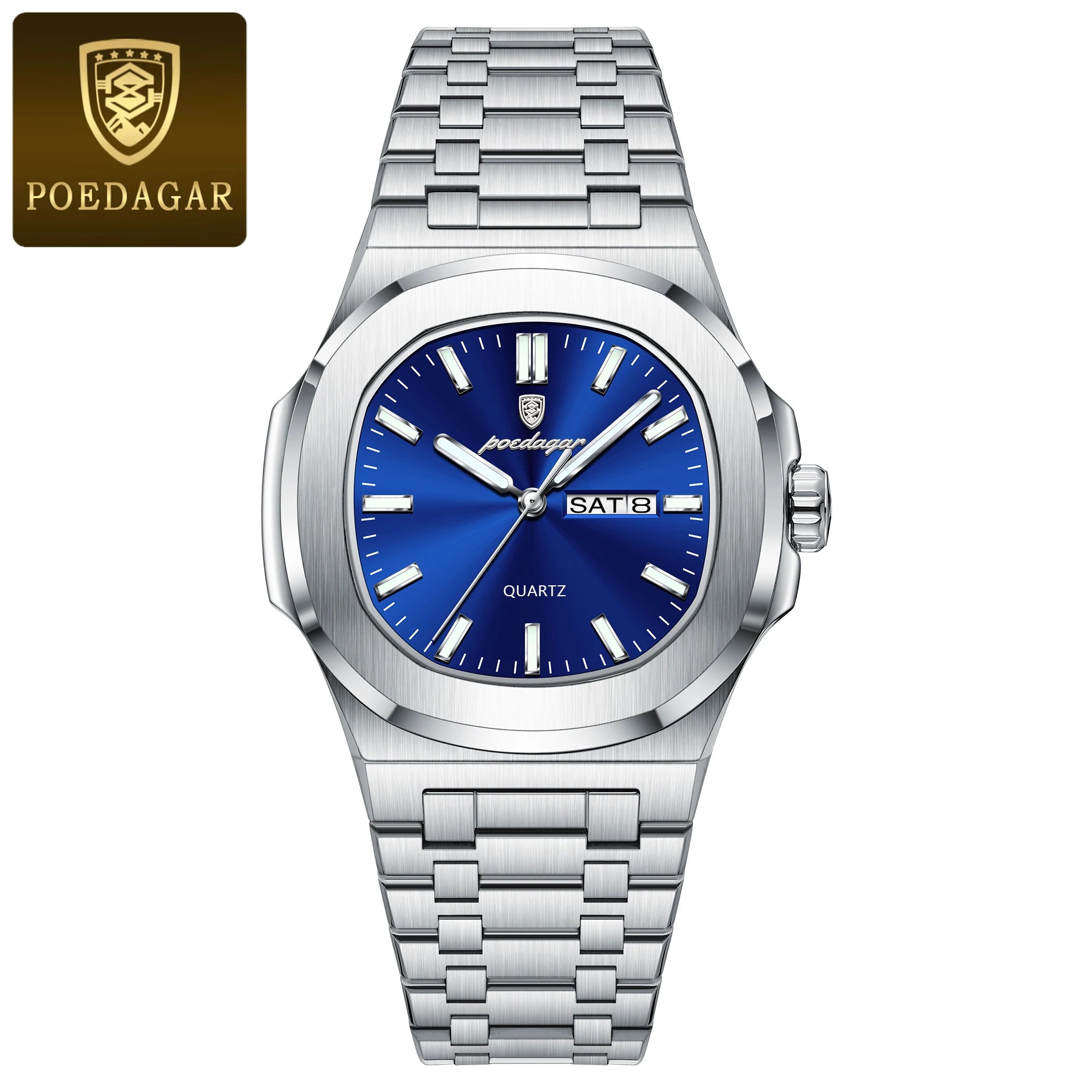 POEDAGAR Square Luxury Men's Wristwatch Luminous Waterproof Stainless Steel Male Clock Week Date Original Quartz Watches For Men