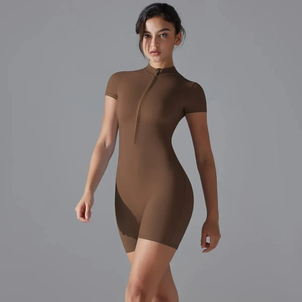 Yoga Set Women's Jumpsuits One-Piece Suit Zipper Short Sleeve Gym Push Up Workout Clothes Fitness Bodysuit Sportswear Tracksuit