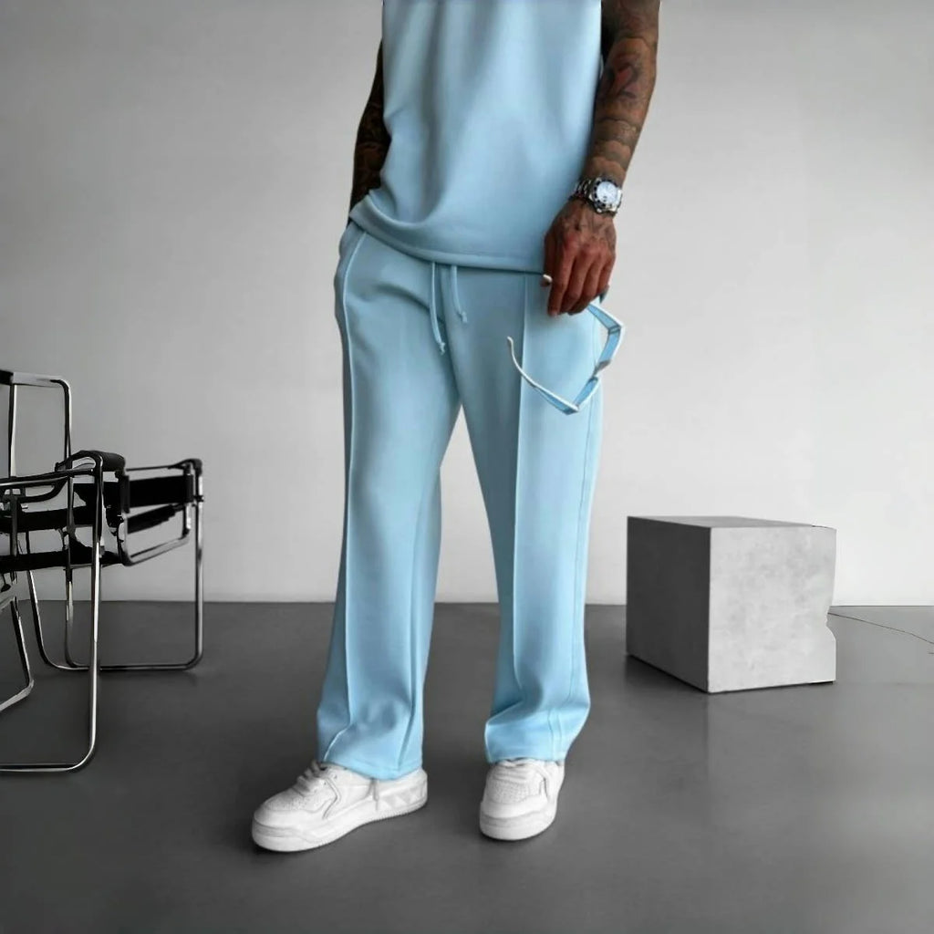 New men's casual pants, stylish and comfortable elastic waist drawstring single-line pleated solid color pocket mops pants