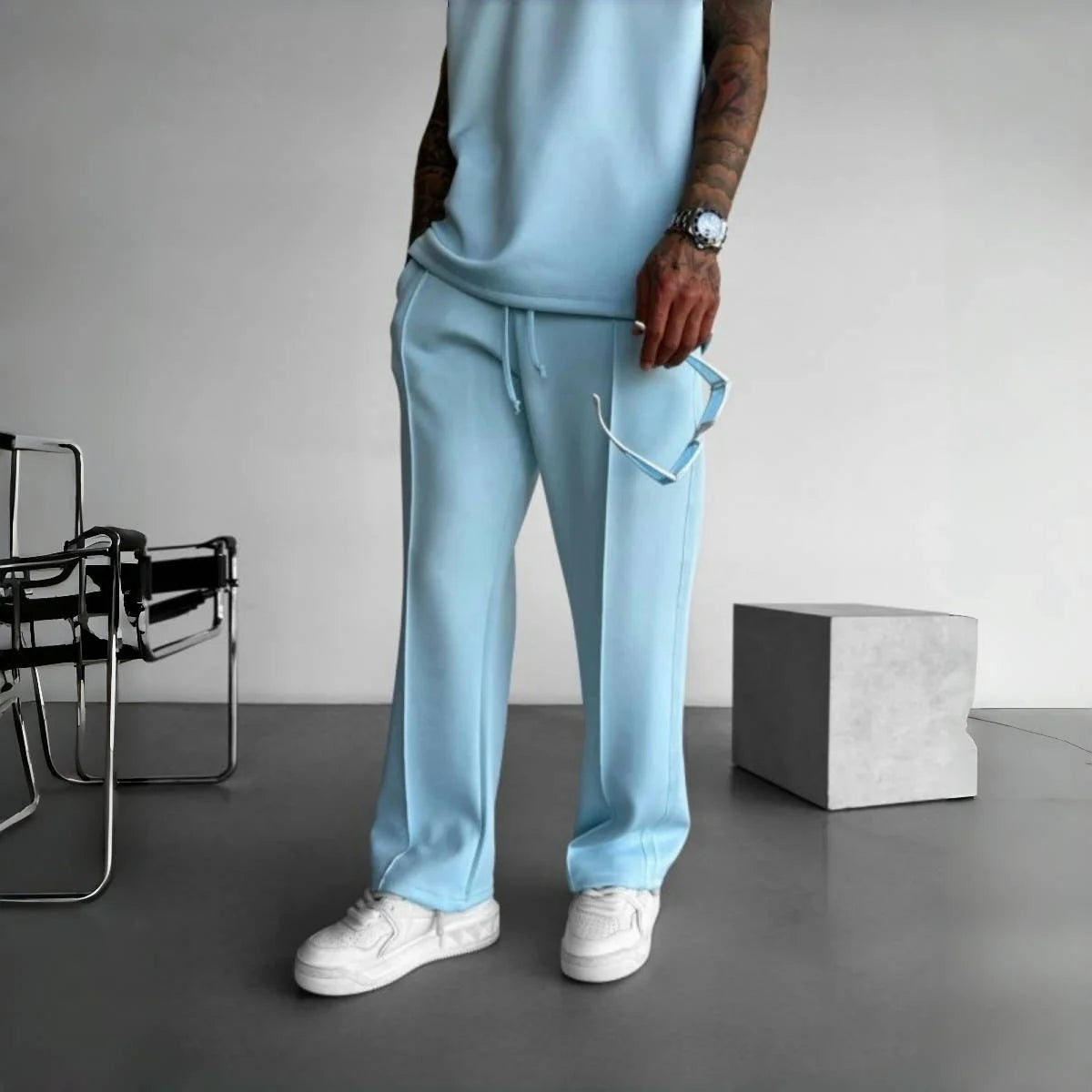 New men's casual pants, stylish and comfortable elastic waist drawstring single-line pleated solid color pocket mops pants