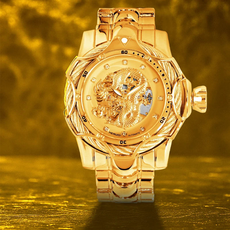 A men's yellow party style elegant dragon shaped carved fully automatic tourbillon mechanical watch
