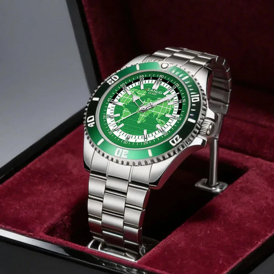 New Stylish Trendy Men Sports Quartz Watch With Stainless Steel Strap Map Luminous Hands