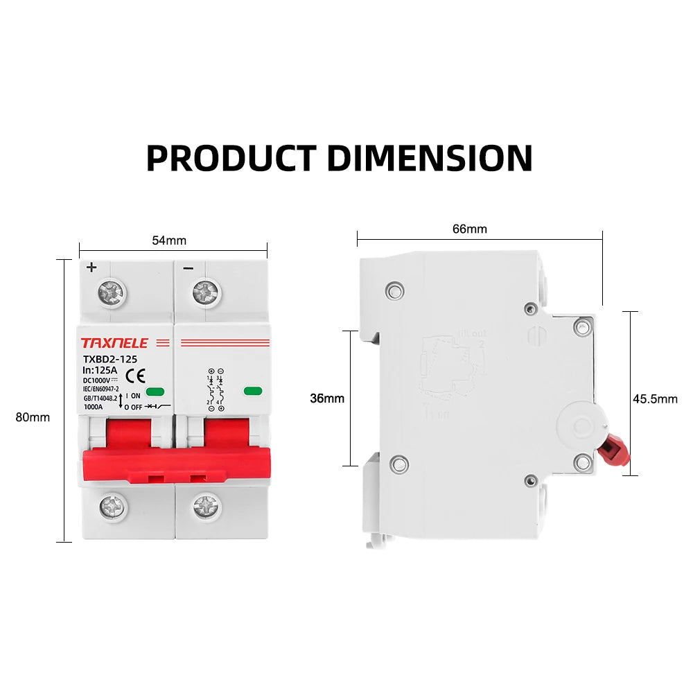 2P DC 1000V Solar Mini Circuit Breaker Battery Switch 125A 100A DC MCB for Photovoltaic PV System
