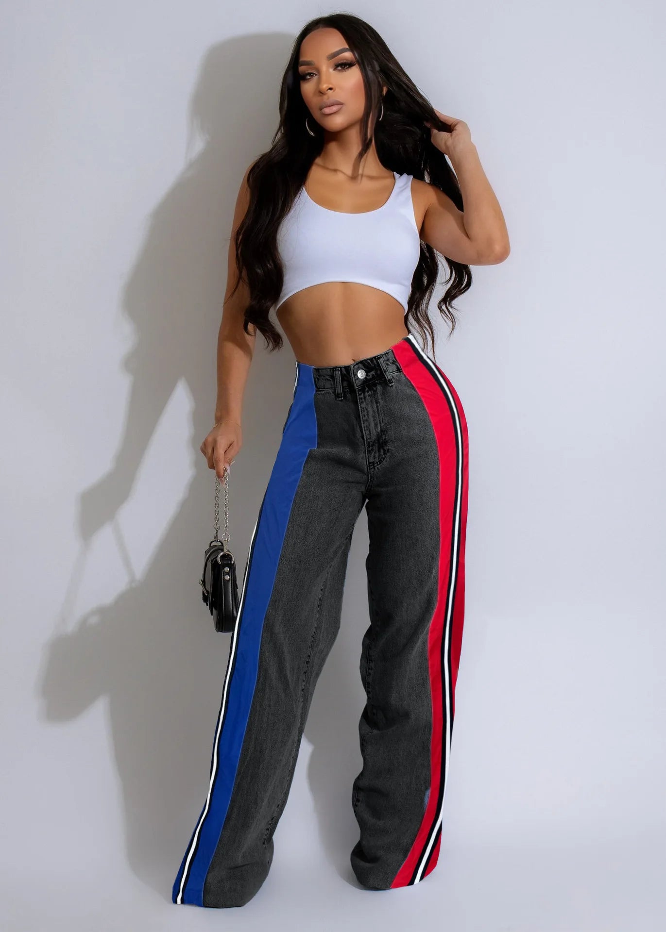Denim Pants Women Patchwork Spliced Long Pant Mom Straight Button High Waist Casual Jeans Trousers Pocket Lady Y2k Autumn