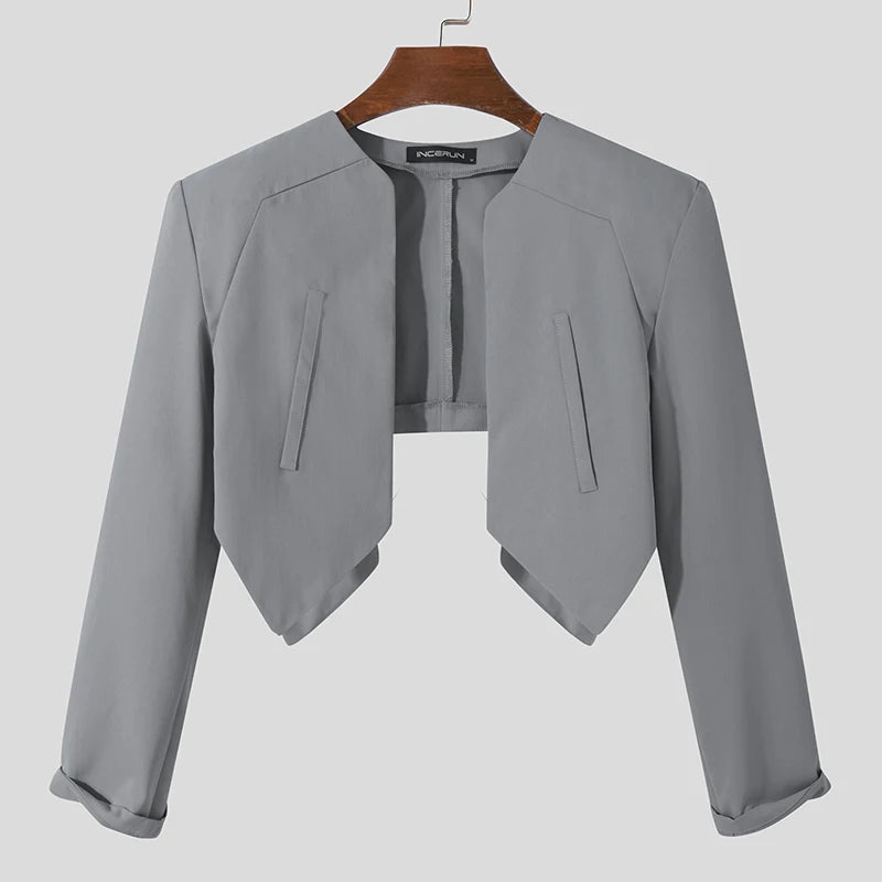 INCERUN Men Blazer Solid Color Open Stitch Long Sleeve Irregular Thin Suits Men 2024 Streetwear Fashion Casual Crop Coats S-5XL