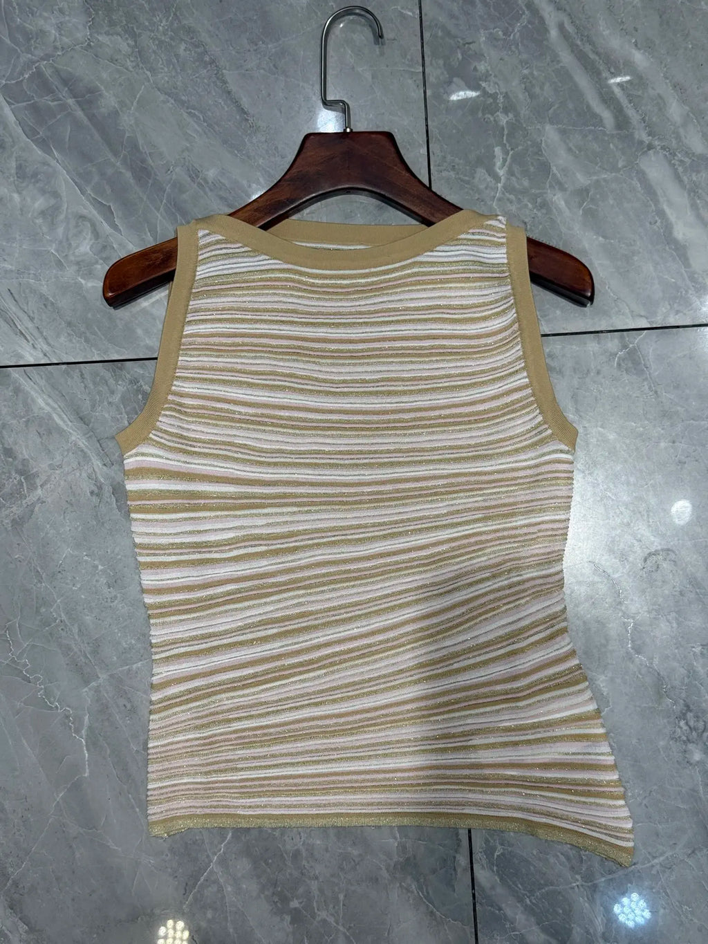 Women Metallic Stripes Sequined Sleeveless Irregular Top + Zigzag Striped Long Skirt Set