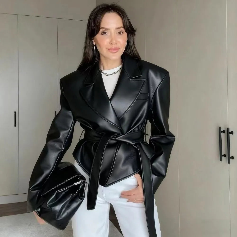 Motorcycle PU Leather Jacket Women 2026 Lace Up Turndown Collar Short Coat Jacket Full Sleeve Soft Leather Jacket New Outwear
