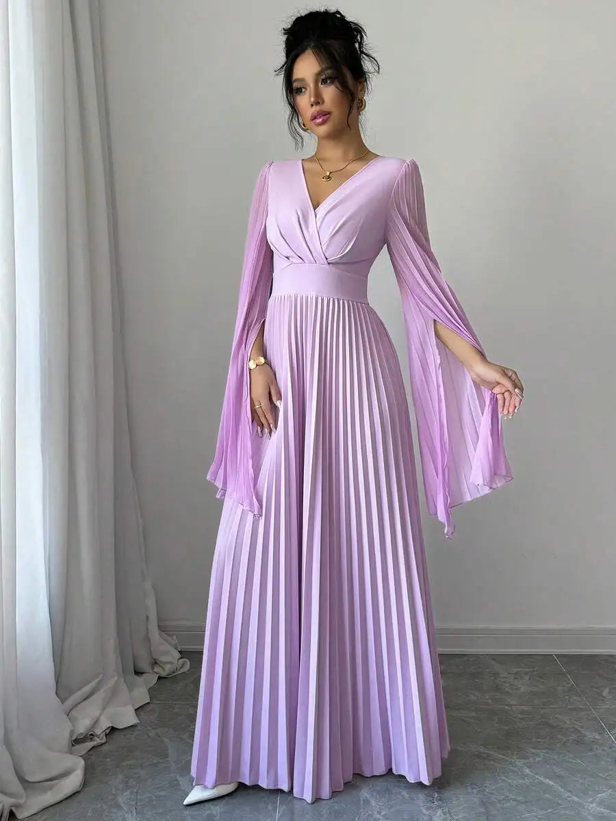 Lavender V-Neck Pleated Maxi Dress with Bell Sleeves Elegant Formal Gown