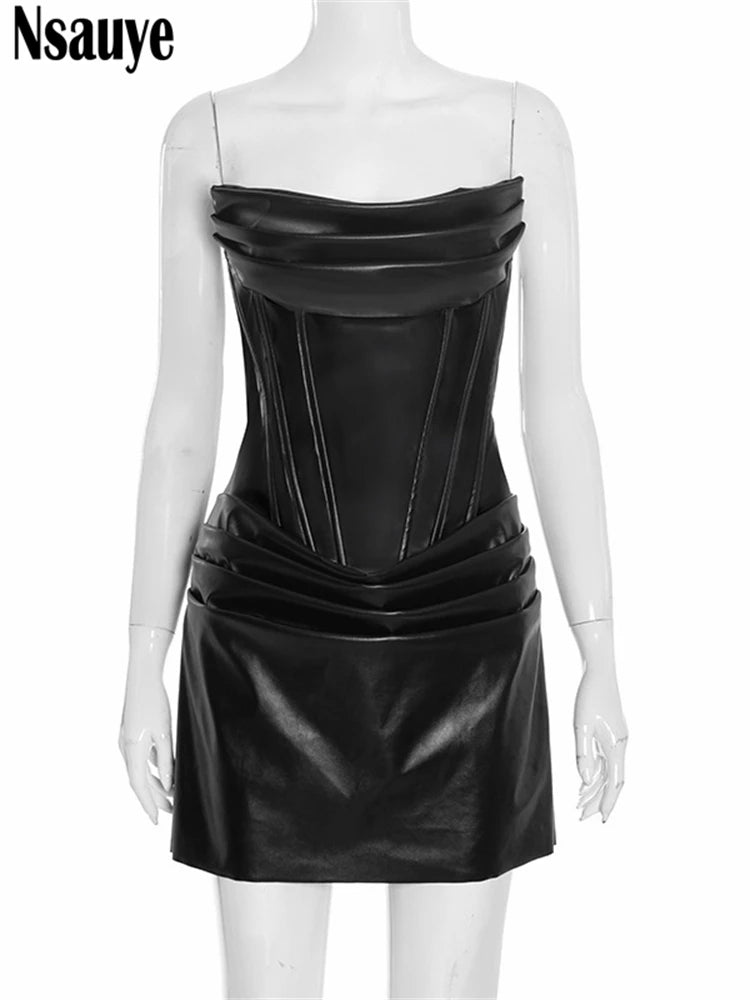 Nsauye Sexy Women Strapless Night Club PU Leather Mini Corset Dress Evening Party Fashion Elegant Short Wrap Dress Winter 2025