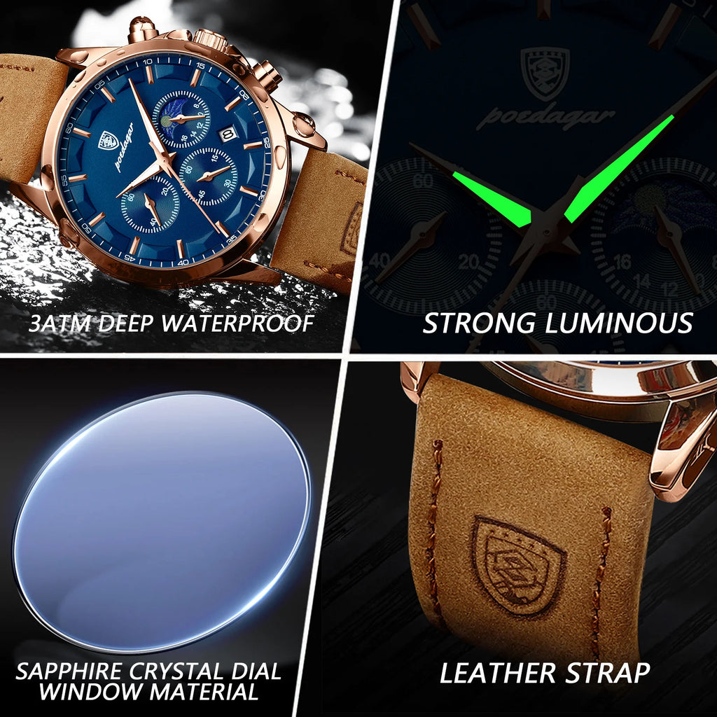 POEDAGAR Luxury Business Man Watch Waterproof Chronograph Luminous Date Male Wristwatch Leather Fashion Men's Quartz Watches+Box