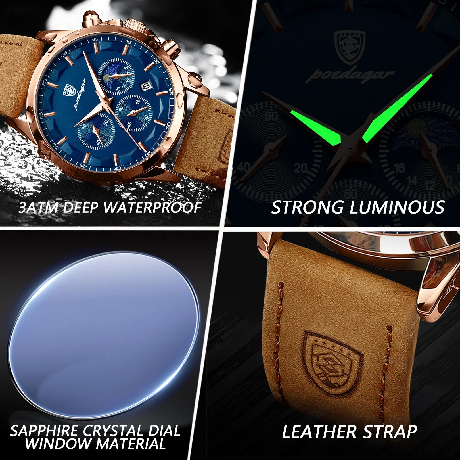 POEDAGAR Luxury Business Man Watch Waterproof Chronograph Luminous Date Male Wristwatch Leather Fashion Men's Quartz Watches+Box