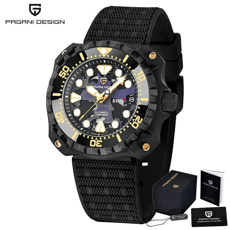 PAGANI DESIGN Men's Mechanical Watch Military Camouflage Hollow Dial NH35 Movt Sapphire 200m Waterproof Automatic Wristwatch
