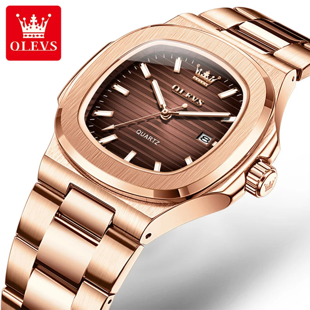 OLEVS Fashion Square Men Watches Business Stainless Steel Rose Gold Quartz Watch Calendar Date Male Casual Sports Luminous Clock