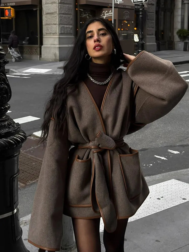 Women's Solid Lace Up Coats Fashion V-neck Loose Woolen Full Sleeves Short Jackets 2025 New Autumn Daily Highstreet Overcoats