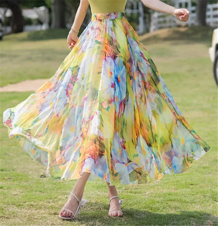 Elegant Skirts for Women Summer New Chiffon Half-body Skirt Crushed Flower Vacation Style Women's Beach Skirt Pleated Skirt