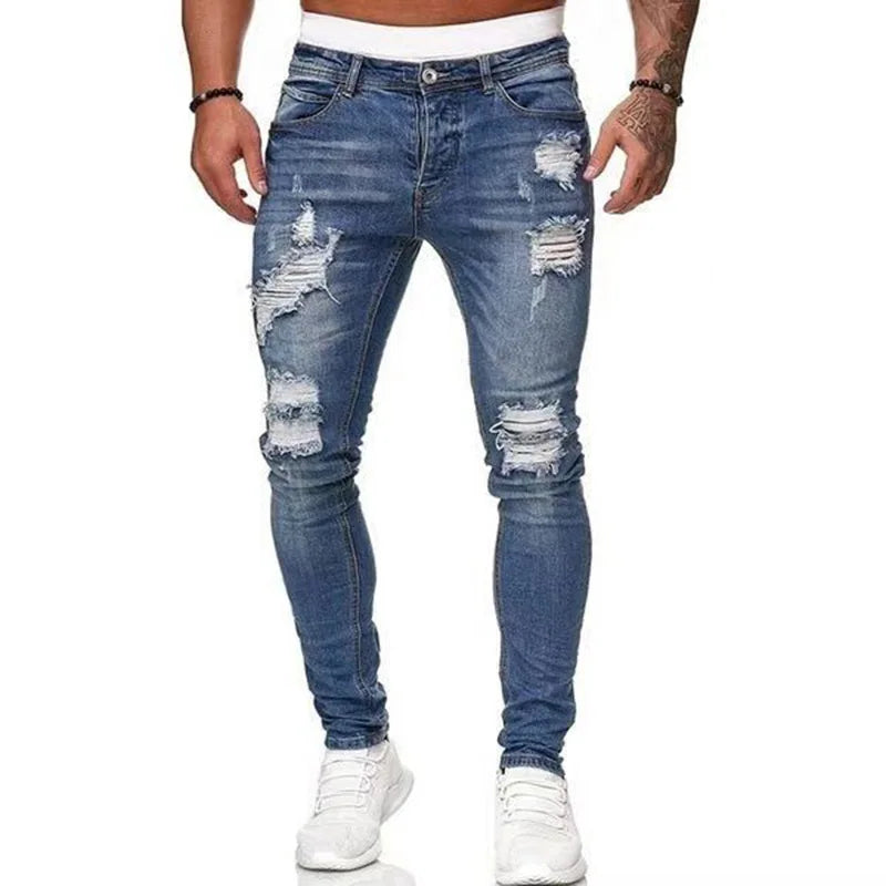 Men Fashion Street Style Ripped Skinny Jeans Men Vintage Wash Solid Denim Trouser Mens Casual Slim Fit Pencil Denim Pants 4XL
