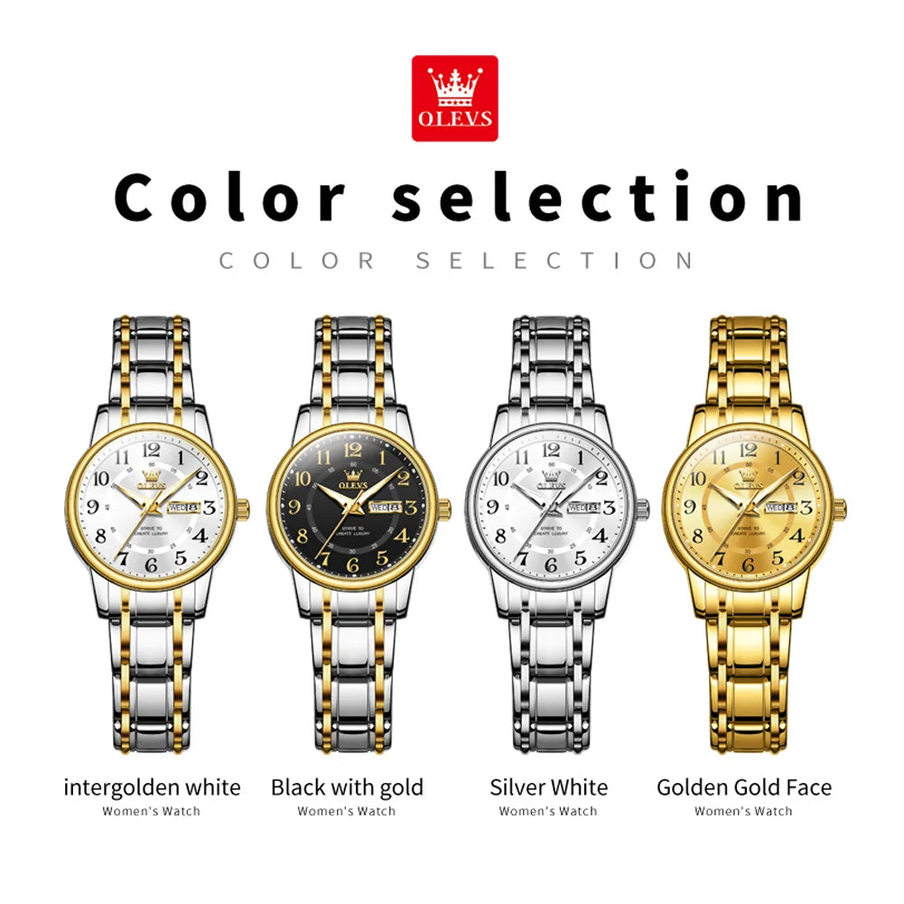 OLEVS 2891 Women's Quartz Wristwatches Stainless Steel Strap Waterproof Luminous Date Week Original Ladies Business Watches