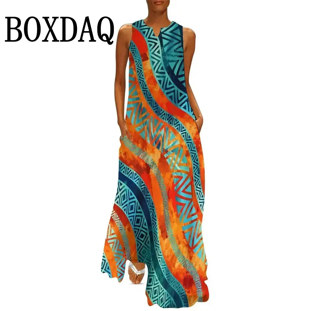 Elegant Women Party Dress Sleeveless Fashion Summer Casual 3D Print Female Long Dress 2025 New Women Tank Maxi Dresses Sundress