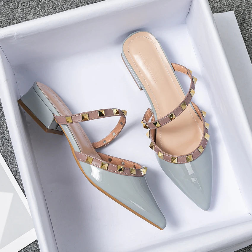 Summer high-heeled slippers for women Fashion brand designed red casual sandals with pointed rivets Large size 41-43
