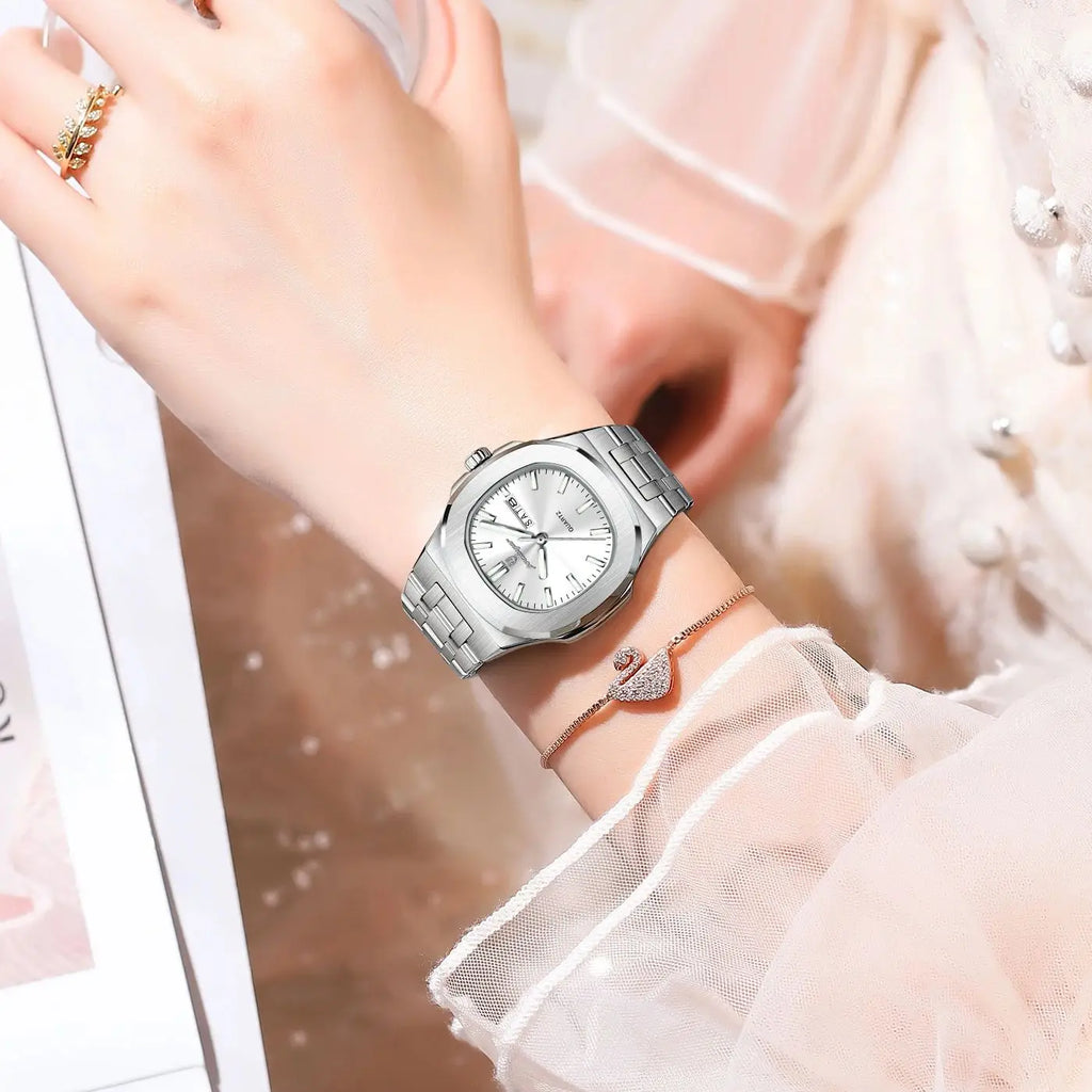POEDAGAR Top Fashion Square Watch For Woman Luminous Waterproof Date Week Ladies Watch Stainless Steel Women's Quartz Wristwatch
