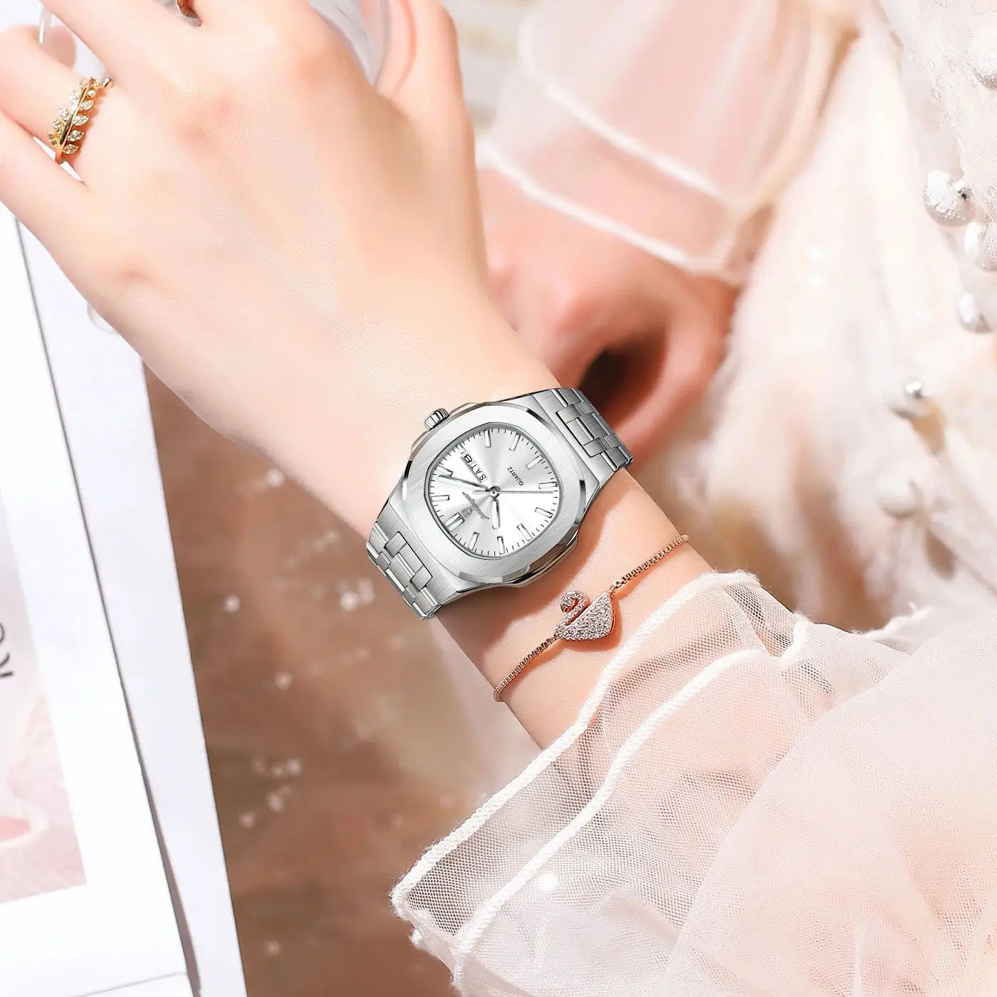POEDAGAR Top Fashion Square Watch For Woman Luminous Waterproof Date Week Ladies Watch Stainless Steel Women's Quartz Wristwatch