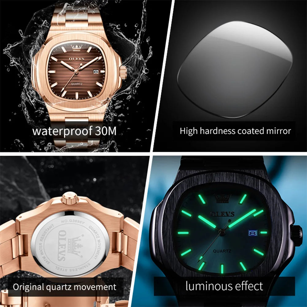 OLEVS Fashion Square Men Watches Business Stainless Steel Rose Gold Quartz Watch Calendar Date Male Casual Sports Luminous Clock