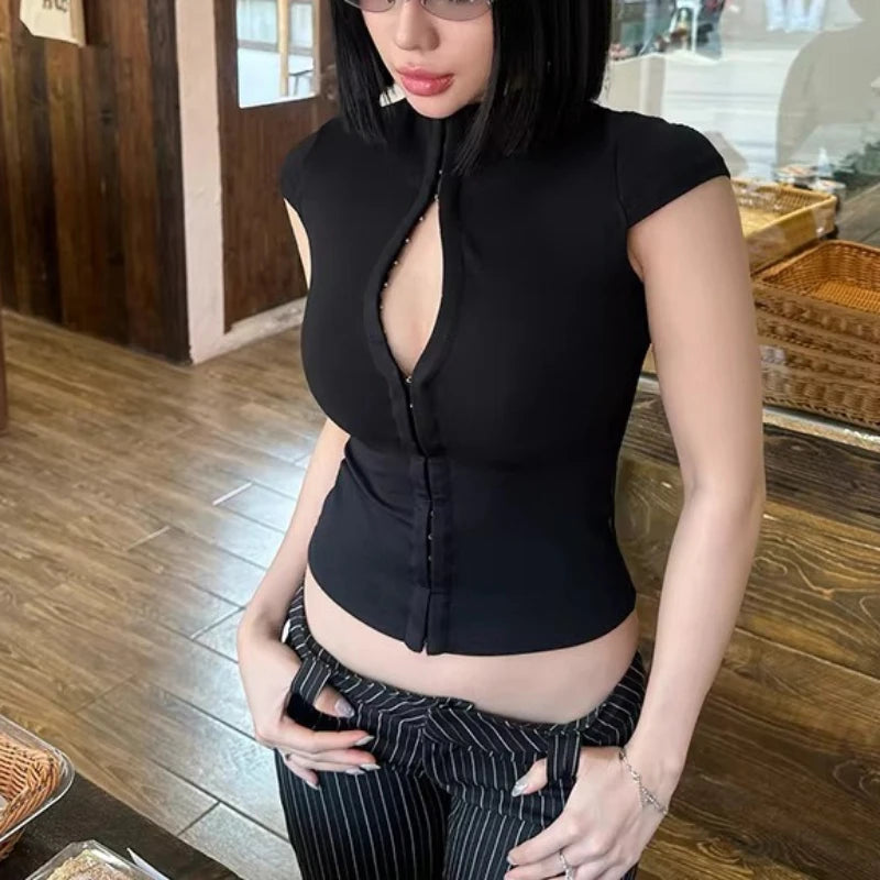 American retro y2k Millennium Spice Girl design sense button slim sexy original perennial solid color top summer new top female