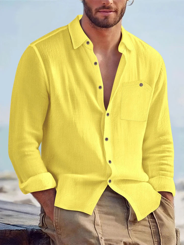 Beach Vacation Casual Mens Shirts Long Sleeve Solid Color Loose Breathable Linen Shirt For Men Spring Autumn Fashion Cardigans