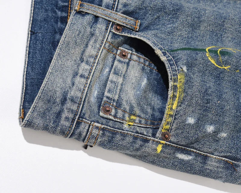 Washing Water Old Destroying Holes Cat Whiskers Embroidery Printing Splashing Ink Micro-horn Wide-leg Jeans for Men