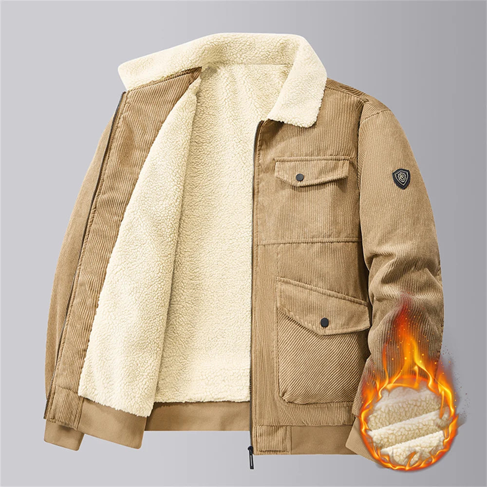 Mid-Age Gentleman's Lapel Corduroy Jacket Winter New Arrival: Military-Style Fleece-Lined, Thickened Windproof Workwear Coat