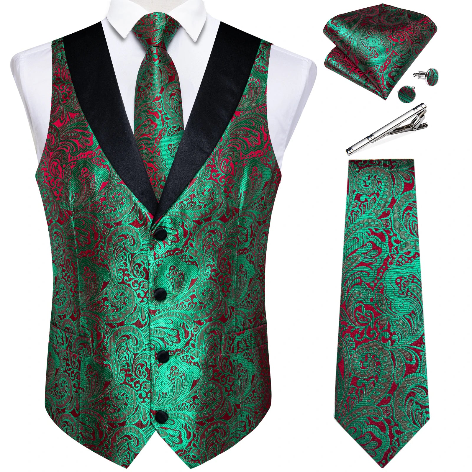 Suit Vest Set For Men Wedding Luxury Gray Paisley Dress Vests Necktie Clip Cufflinks Handkerchief Male Sleeveless Waistcoat Gift