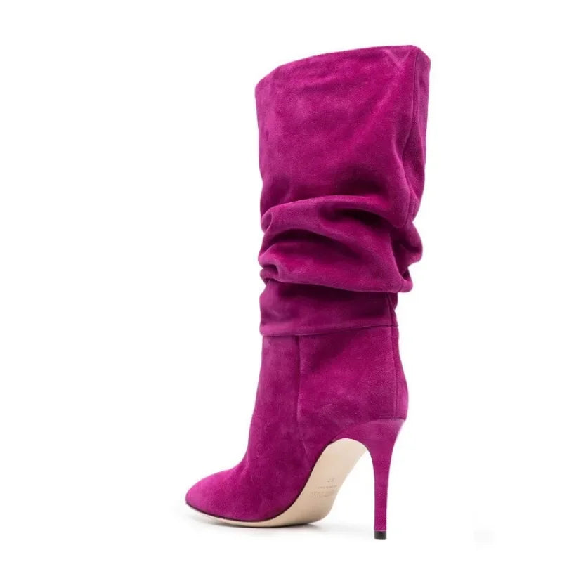 2023 Denim Blue 10cm Slim Heel Pleated Boots 35-43 Fashion Imitation Suede Women's Boot Internet Celebrity Pointed Show Boots