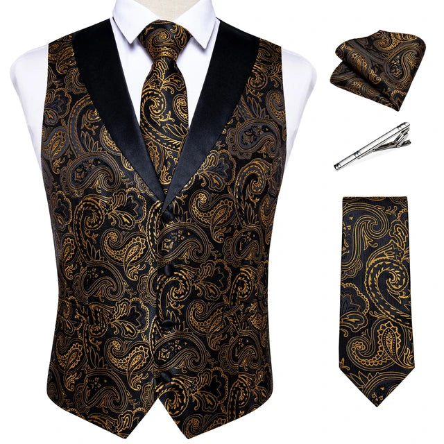 Suit Vest Set For Men Wedding Luxury Gray Paisley Dress Vests Necktie Clip Cufflinks Handkerchief Male Sleeveless Waistcoat Gift