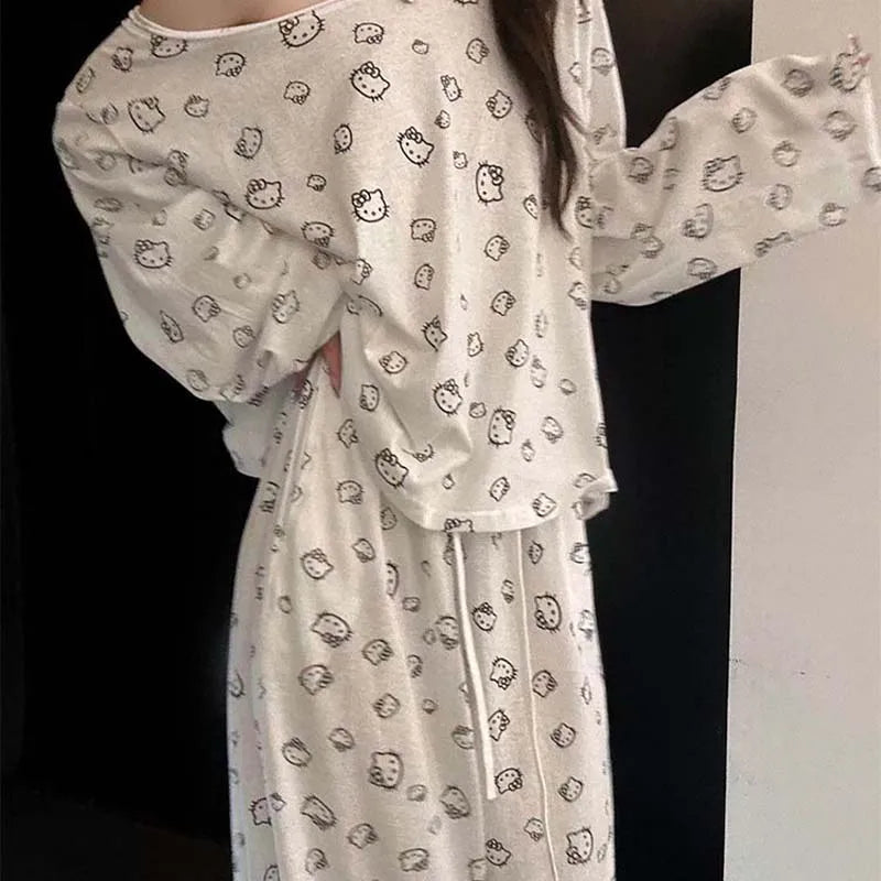 Korean Hello Kittys Printed Pajamas for Women Spring and Autumn Off-Shoulder Long Sleeves+ Trousers 2Pcs Girl Loose Home Clothes