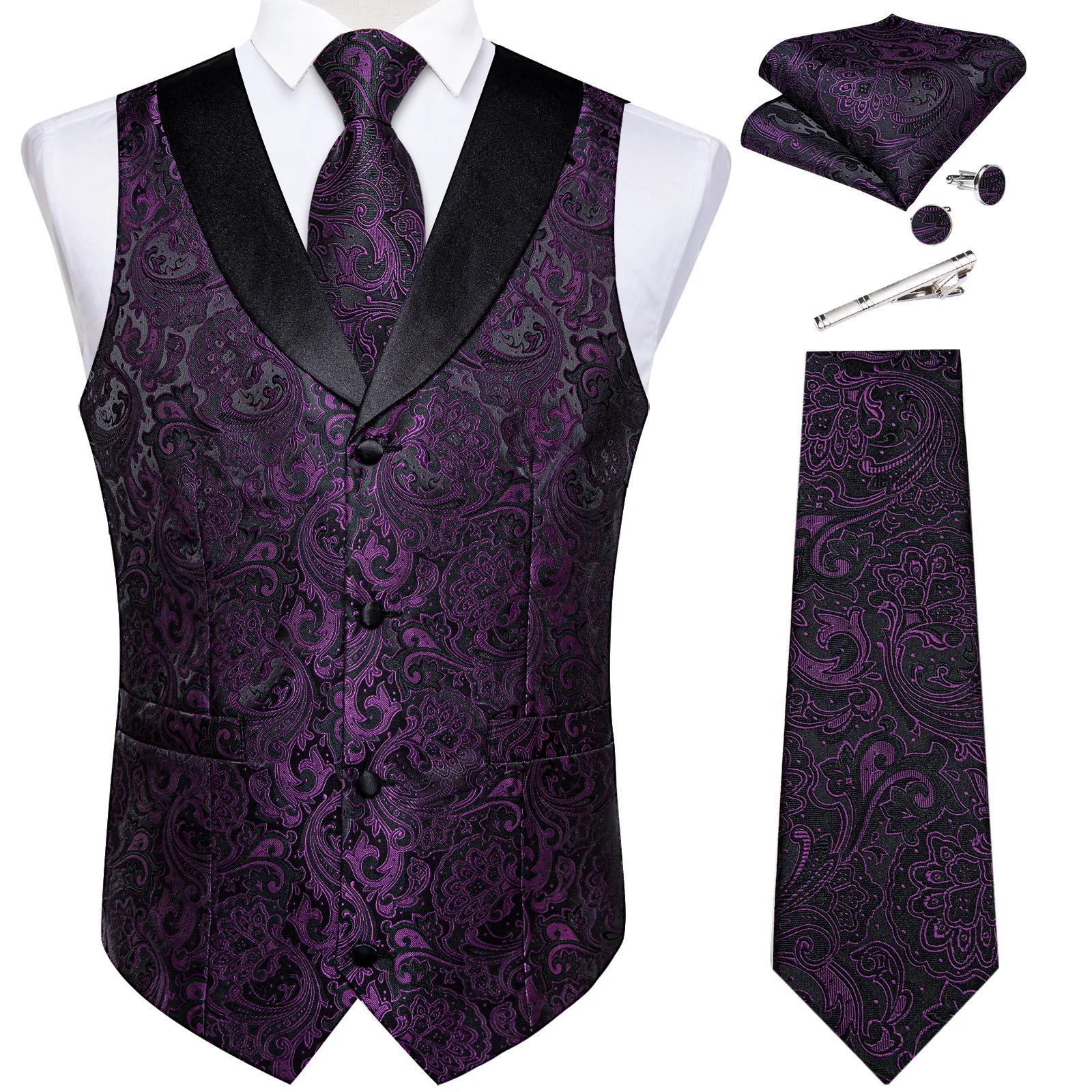 Suit Vest Set For Men Wedding Luxury Gray Paisley Dress Vests Necktie Clip Cufflinks Handkerchief Male Sleeveless Waistcoat Gift