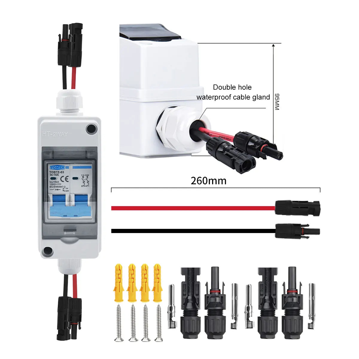 1PCS TOMZN Solar photovoltaic PV Combiner Box with circuit breaker IP65 HT 2Ways 1 Input 1 Out DC Matching Wires Waterproof Box