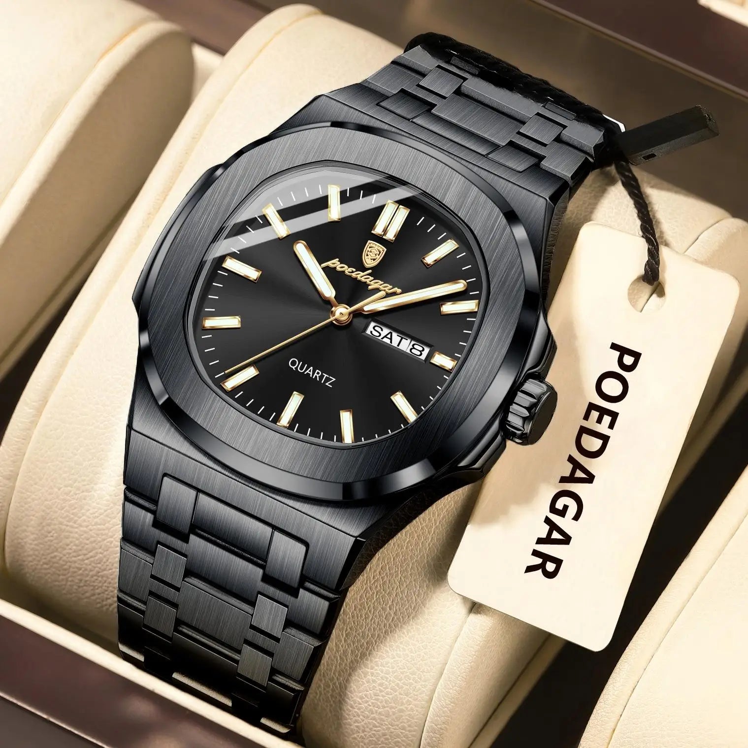 POEDAGAR Square Luxury Men's Wristwatch Luminous Waterproof Stainless Steel Male Clock Week Date Original Quartz Watches For Men