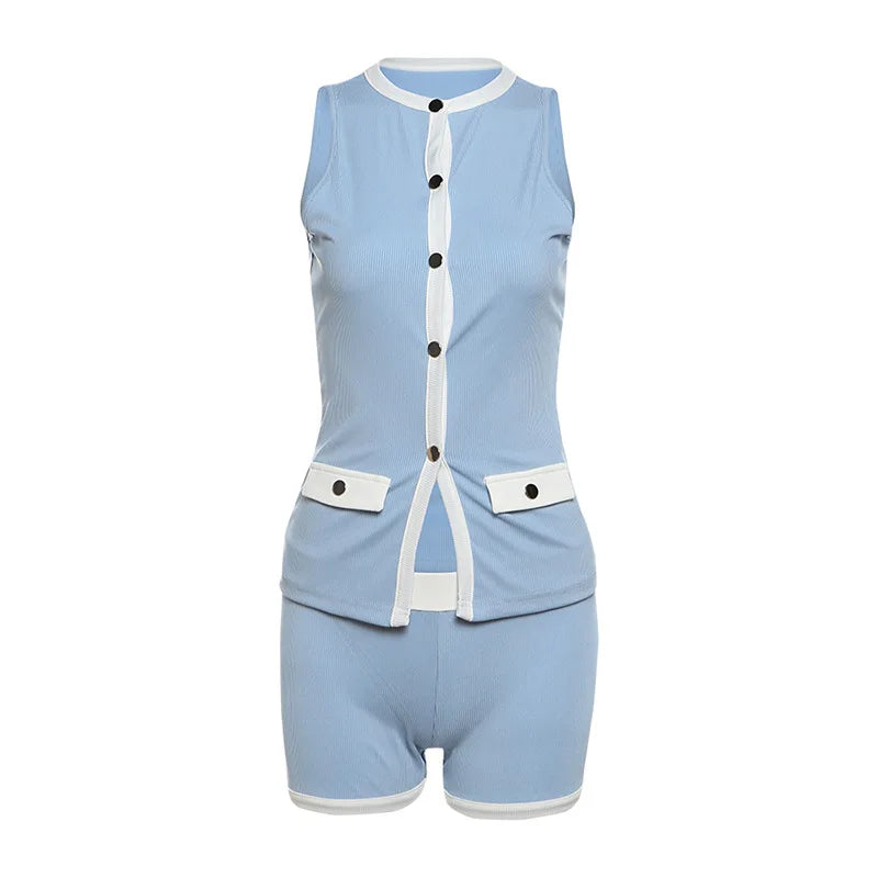 Weird Puss Ribbed Patchwork 2 Piece Set Women Single-Breasted Sleeveless Tops+Stretch Shorts Daily Casual Trend Classic Outfits