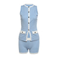Weird Puss Ribbed Patchwork 2 Piece Set Women Single-Breasted Sleeveless Tops+Stretch Shorts Daily Casual Trend Classic Outfits