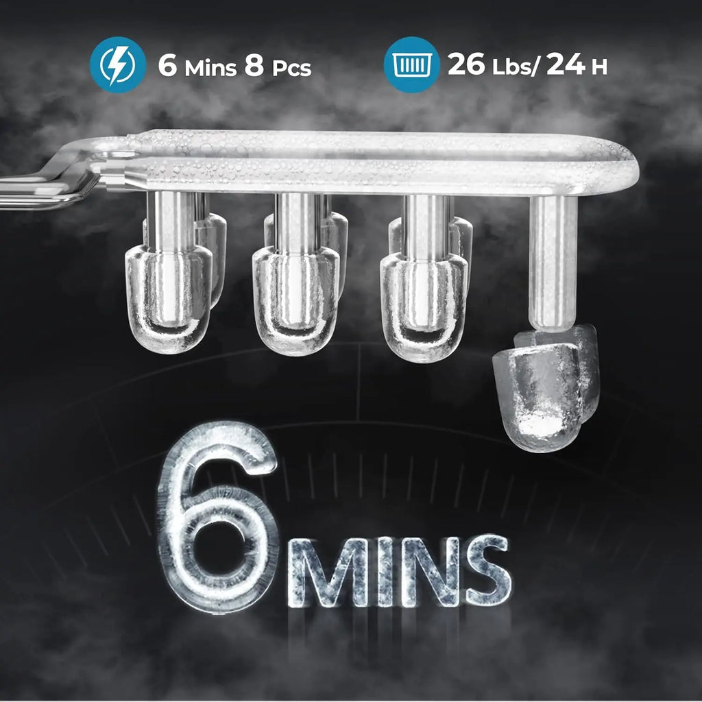 Countertop Ice Maker Machine, 8 Ice Cubes in 6 mins, 26lb/Day Ice with 2 Sizes- Portable Mini, Energy Saving & Basket/Scoop for