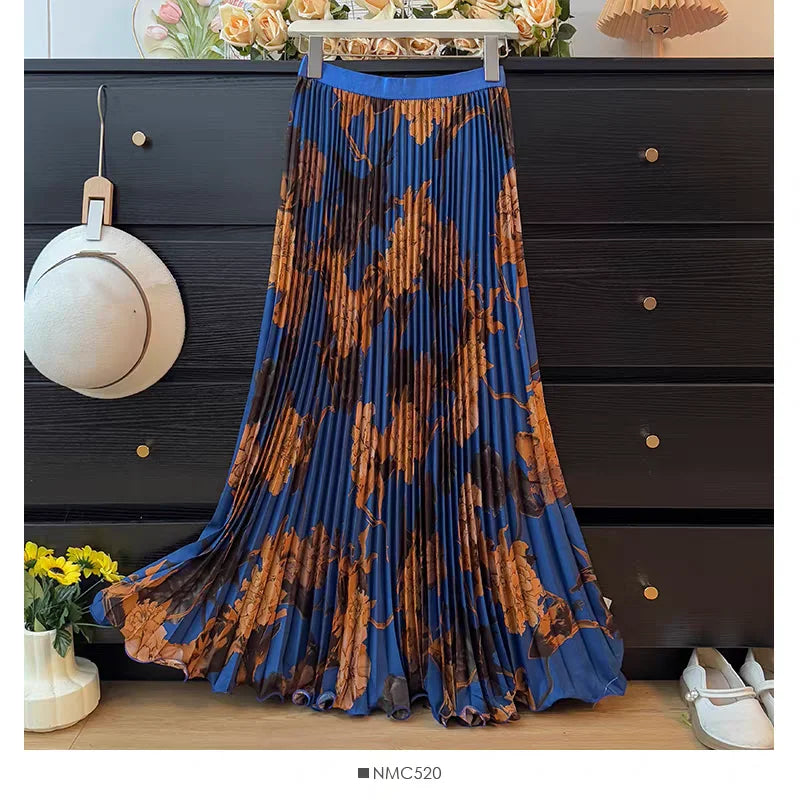 Bohemian Print Beach Skirts Female High Waist Flowy A-Line Pleated Maxi Skirt for Vacation Resort Wear & Spring Fall Fashion